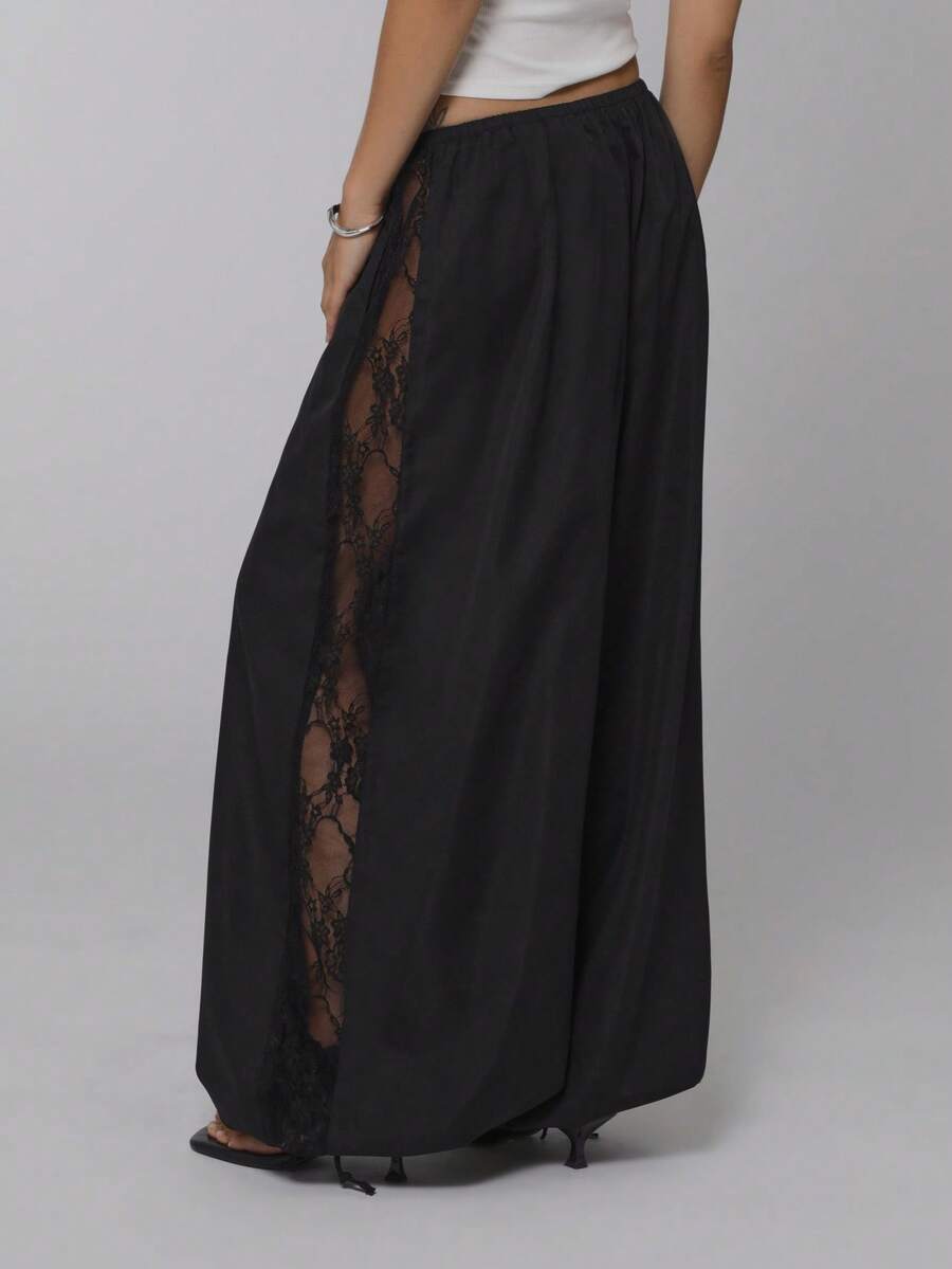 COUREZ Low Rise Lace Detail Parachute Trousers Y2K Autumn Winter For Women Casual Going Out Baggy Pants Fall For Women - Black - View 1