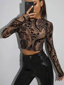 SHEIN ICON 生菜邊植絨網紗短版上衣 - 彩色 - 查看 2