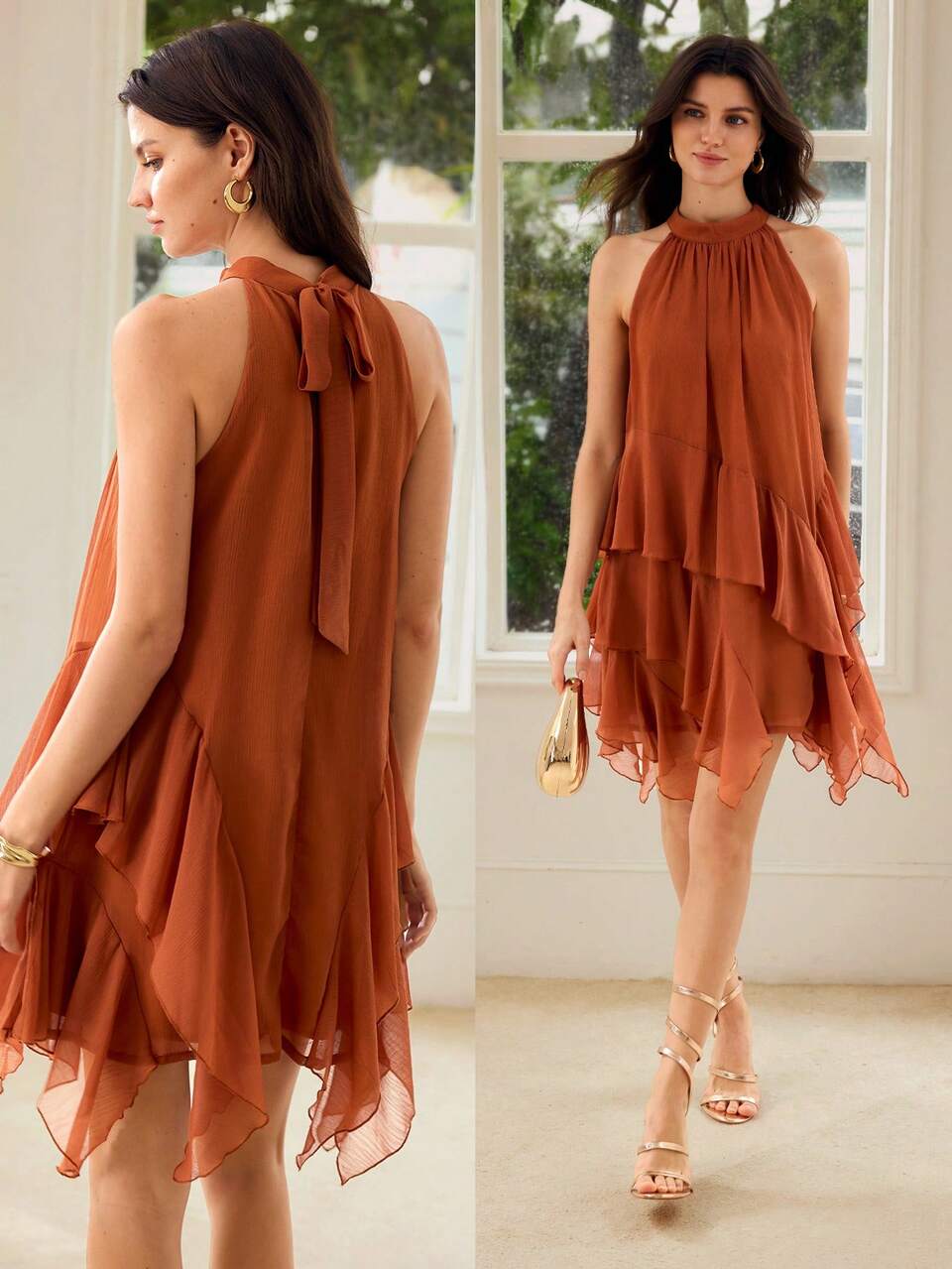 MOTF ASYMMETRICAL RUFFLE HEM ELEGANT HALTER NECK TIE SLEEVELESS DRESS