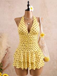 SHEIN Swim 女款性感歐美風復古音樂節派對大膽前衛戶外夏季海灘極簡優雅休閒度假動物印花拼接印花掛脖綁帶收腹收腰抓皺設計泳衣泳裙套裝，含三角比基尼泳褲與荷葉邊泳裙，2件式顯瘦泳衣，適合海邊、秋季泳裝、春假、返校季、啤酒節、音樂節、假期、春季促銷、海灘氛圍度假穿搭 - 彩色 - 查看 2