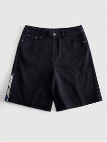 ROMWE MEN Shorts de mezclilla con patrón bordado y ajuste holgado para hombre - Negro - Ver 3
