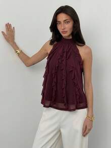 Aloruh Women's Solid Color Ruffle Halter Neck Top, Fashionable Versatile Daily Wear,Purple-Red Top,Teacher Outfits,Casual,Commuting,Work Tops,Summer,Office - Red Violet - View 8