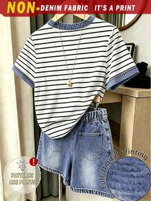 Elladie kids 女童時尚簡約黑白條紋印花基礎短袖T恤與短褲套裝，夏季日常穿搭 - 彩色 - 查看 2