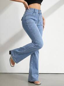 SHEIN Tall 高個女款休閒水洗修身喇叭牛仔褲 秋季教師長褲 - 淺色水洗藍 - 查看 7