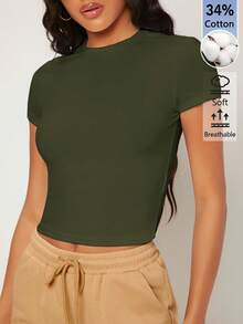 SHEIN BASICS 女款純色休閒圓領短袖短版T恤上衣 白色上衣 - 軍綠色 - 查看 6