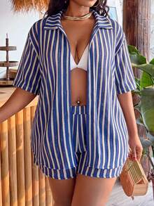 Slaydiva 2026 New Plus Size Women's Blue & White Striped Shorts & Shirt 2-Piece Set Beach Cover-Up - Blue - View 1