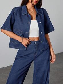 SHEIN 青少年女孩短袖單排扣工裝口袋牛仔夾克 - 深色水洗藍 - 查看 5