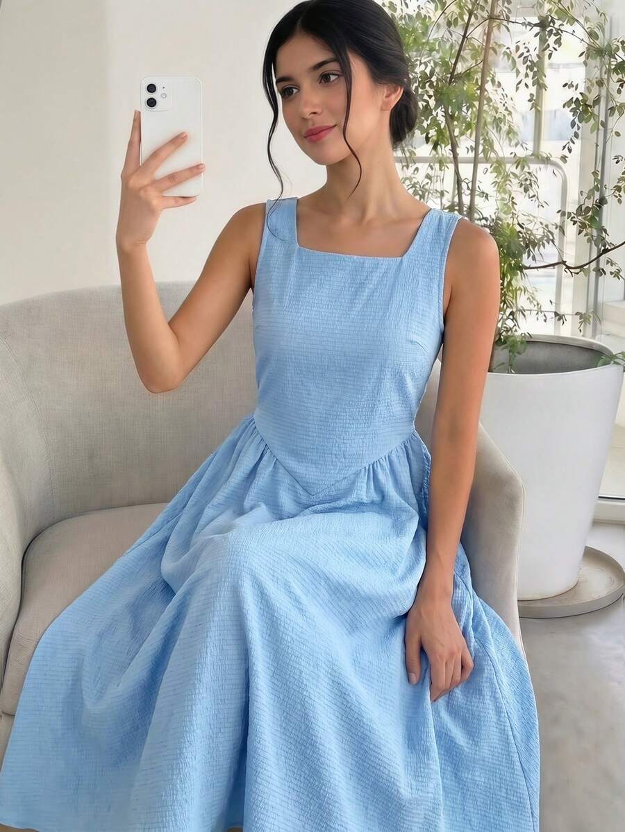 SHEIN 兒童青少年女孩休閒日常百搭舒適方領無袖淺藍色紋理優雅長洋裝,適合度假、夏季海灘派對、聚會、姐妹聚會 - 淺藍色 - 查看 1