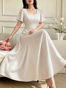 Celisse Polka Dot Red Tie-Waist Midi Dress - Black and White - View 7