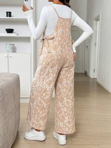 SHEIN 孕婦提花側腰綁帶休閒吊帶連身褲 - 杏色 - 查看 2