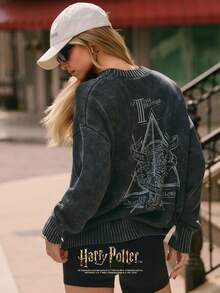 GLOWMODE X Deathly Hollows Relaxed Rib Knit Faded Wash Sweater Pakaian Kasual Sehari-hari Musim Panas - Dark Grey - View 1