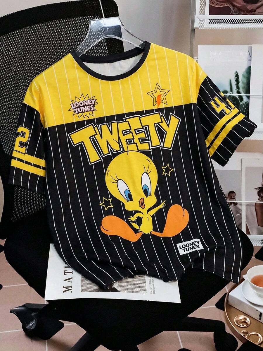 LOONEY TUNES X SHEIN 女款卡通動物印花圓領短袖休閒百搭T恤 - 白色 - 查看 1