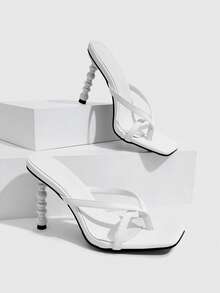 CUCCOO SZL Spring And Summer Bamboo Heel Design Square Toe Thin Heel Sweet Cool Style White Mezzanine High Heel Sandals Commuter Dating - White - View 1