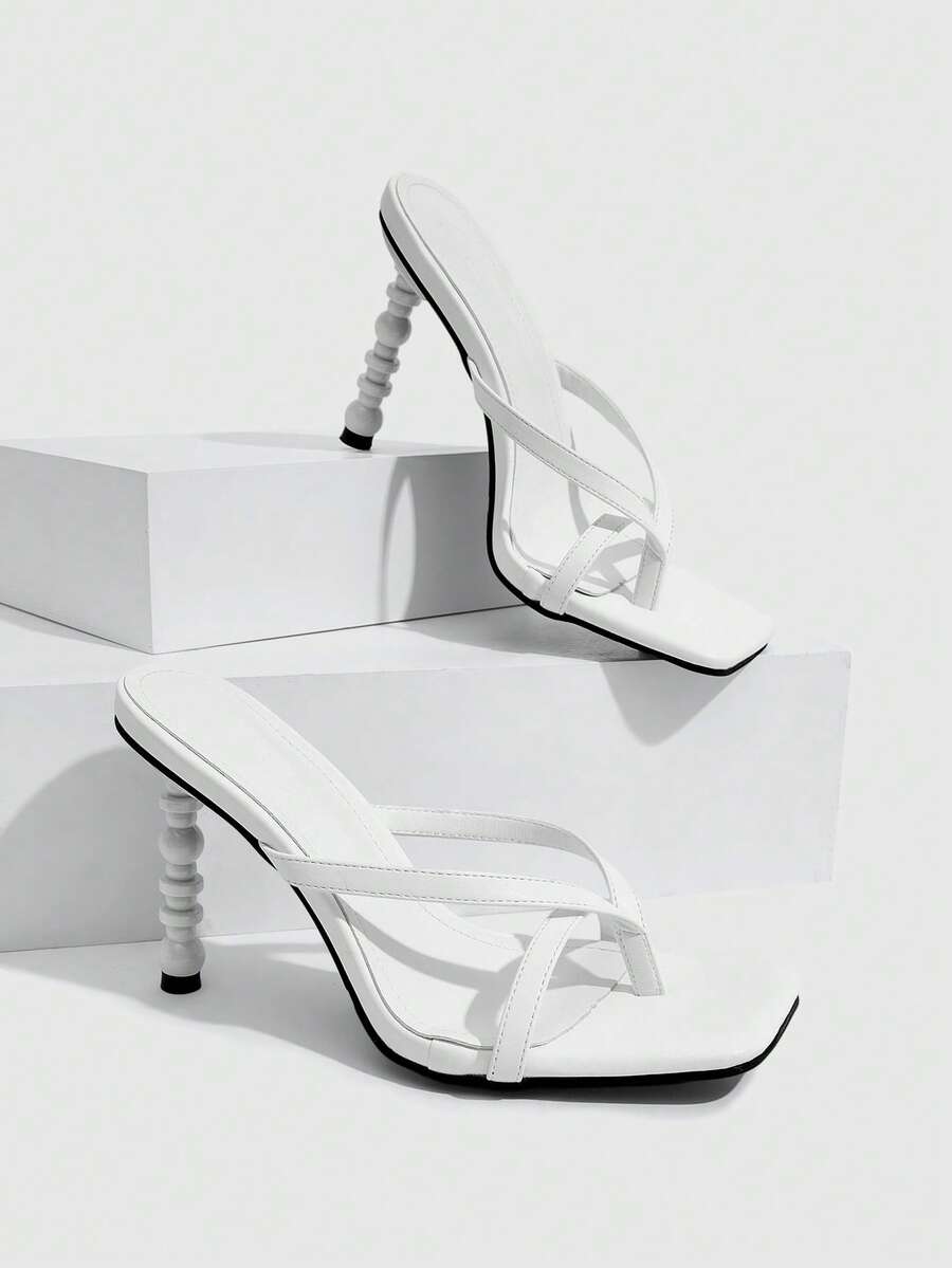 CUCCOO SZL Spring And Summer Bamboo Heel Design Square Toe Thin Heel Sweet Cool Style White Mezzanine High Heel Sandals Commuter Dating - White - View 1