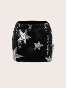 SHEIN ICON Women's Star Pattern Sequin Bodycon Skirt,Black And Silver 70s Mini Skirts For Night Out,Party,Winter,Music Festival Rave Ladies Zipper Drop Waist - Black - View 9