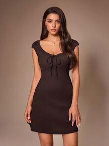 Lazeform Women's Solid Color Square Neck Tie-Front Knitted Textured Fitted A-Line Lounge Sleep Dress Holiday Lounge Dark Brown Summer Casual - Chocolate Brown - View 4