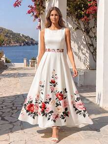SHEIN Rosurelle Vestido midi de corte ajustado y acampanado con cuello redondo y estampado floral blanco, para uso casual, vacaciones, trayecto al trabajo, playa y eventos de boda - Multicolor - Ver 1