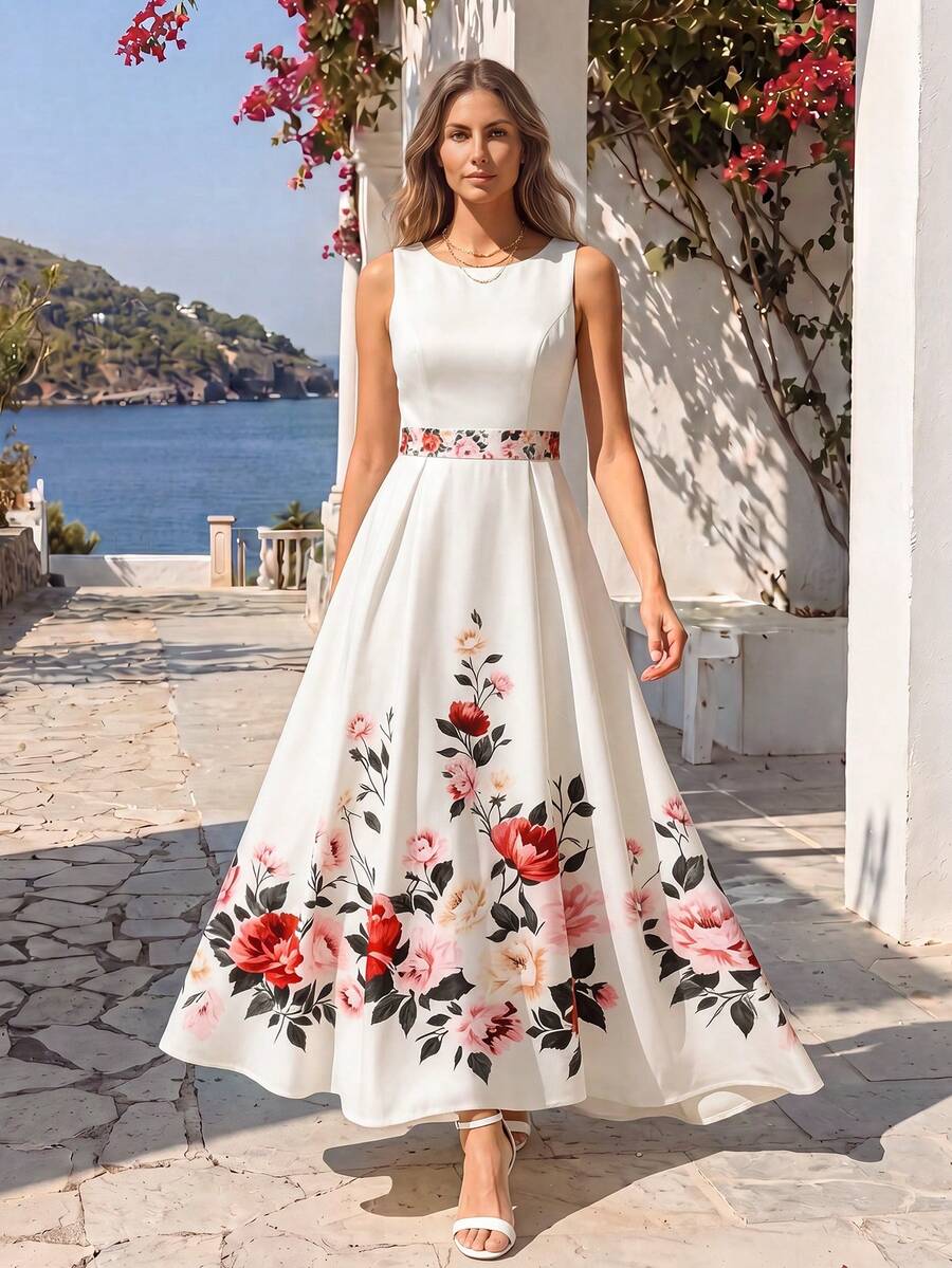 SHEIN Rosurelle Vestido midi de corte ajustado y acampanado con cuello redondo y estampado floral blanco, para uso casual, vacaciones, trayecto al trabajo, playa y eventos de boda - Multicolor - Ver 1