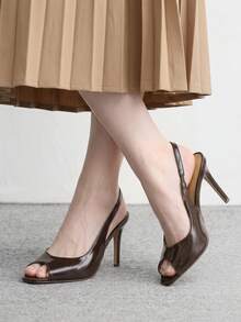 CUCCOO BIZCHIC Spring And Summer Women Open-Toed Slingback Patent Leather Small Square Toe Open Toe Stilettos - Brown - View 3