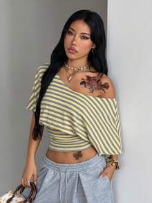 Coolane 女款春夏/秋冬外出街頭風復古基本款收腰彈性舒適棉質露肩灰色T恤 - 彩色 - 查看 3