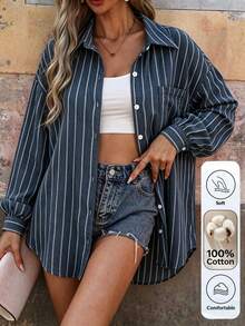 Isle Nomé Women's Casual Commute Striped Lightweight Jacket - Navy Blue - View 7