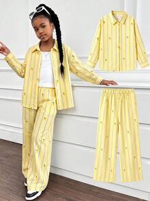 SHEIN Elladie kids 女童大童黃色條紋檸檬印花襯衫套裝，寬鬆休閒慵懶風，翻領，印花圖案，鬆緊腰寬腿直筒褲，2件套，適合日常休閒、通勤、優雅時尚、度假旅行 - 黃色 - 查看 10