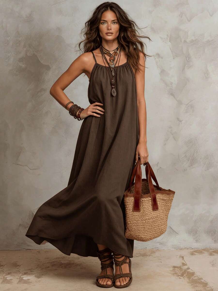 Solivie Women's Solid Color Pleated Casual Tropical Boho Spaghetti Strap Dress For Vacation Vacation Dark Brown Summer - Coffee Brown - View 1