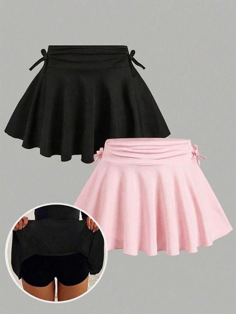 SHEIN 青少年女孩黑色與粉色2件套休閒極簡風抓皺腰A字裙搭配內搭褲,演唱會穿搭 - 彩色 - 查看 1