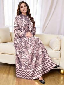 SHEIN Najma 大尺碼女款度假花卉印花長袖半開襟鈕扣連身裙 - 彩色 - 查看 5