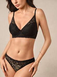 Hourtrue 2pcs Comfortable, Soft, Lace & Sexy Women's Bra Set With Adjustable Straps, Daily Wear - Black - View 6