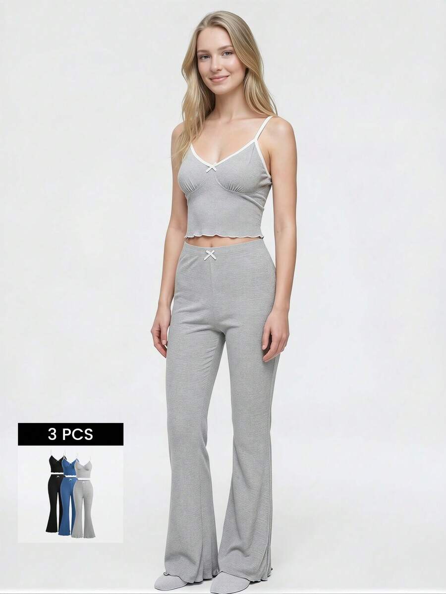 Bonmuse 3pcs/Set Women Solid Color Ruffle Trim Bow Camisole Top & Pants Pajama Setfor Summer - Multicolor - View 1