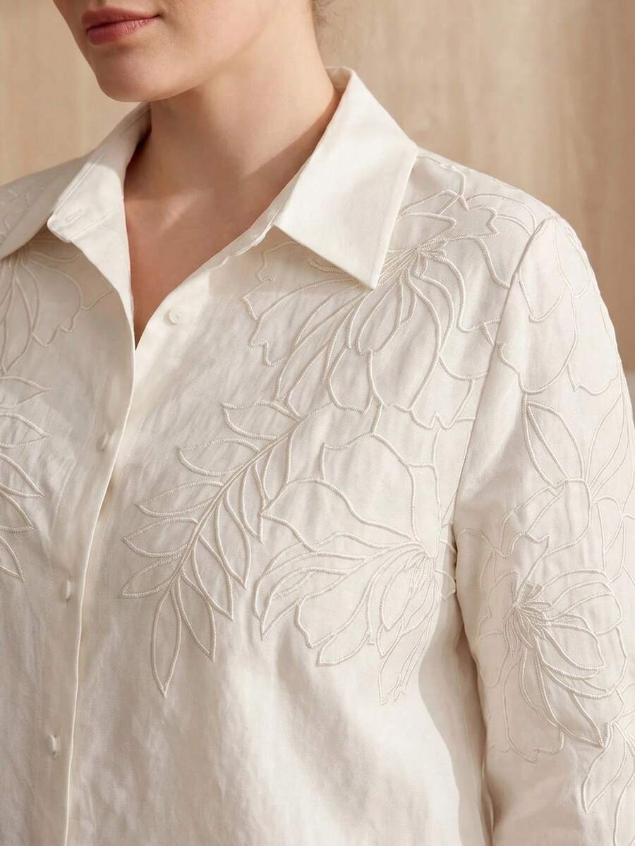 MOTF PREMIUM WOMEN'S PLUS LINEN EMBROIDERED SHIRT, SPRING/SUMMER FALL - Apricot - View 1