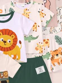 2 conjuntos aleatorios de 4 conjuntos de camiseta y pantalones cortos. Camiseta de cuello redondo con estampado de animales lindos, estampado de rayas, estampado de números, combinada con pantalones cortos con el mismo estampado - Multicolor - Ver 4