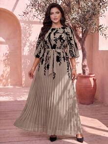 Auveirra Elegant Brown Plus Size Floral Print Pleated Maxi Jumpsuit With Belted Waist Autumn Gym - Brown - View 7