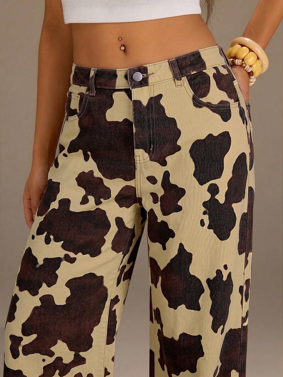 Athîral Denim 女款休閒低腰寬鬆動物印花牛仔直筒長褲,日常休閒街頭時尚,辦公休閒,寬腿牛仔褲,女款牛仔褲 - 咖啡棕 - 查看 1