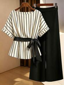 SHEIN LUNE 两件套女士条纹系带短袖上衣和休闲口袋长裤套装 - 黑色 - 查看 1