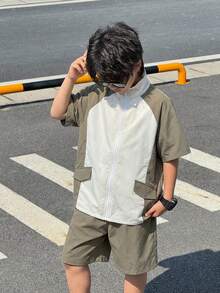 SHEIN Little Byeori 男童舒适日常宽松韩版时尚条纹衬衫配撞色短裤套装（2件套），适合春夏季节日常穿着、运动、郊游、上学、聚会、节日、拍照、返校季等场合。 - 軍綠色 - 查看 5