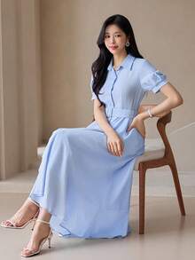 DAZY Spring Summer Autumn Short Sleeve Striped Shirt Dress Women's New Waist-Cinching Dress - Blue - View 8