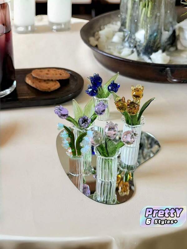 1Pc Creative Glass Lily Of The Valley Figurine, Handmade Liuli Artificial Forever Flower Ornament, Ins Style Desktop Potted Decor, Mini Glass Tulip Calla Lily Bouquet For Home Tabletop & Holiday Gift