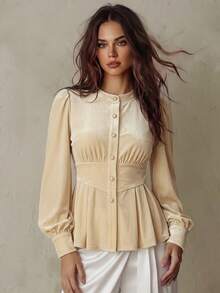 SHEIN Franclia Women's Elegant Delicate Gentle Puff Sleeve Splicing Faux Waist Decor A-Line Velvet Long Sleeve Blouse, Autumn/Winter - Apricot - View 1