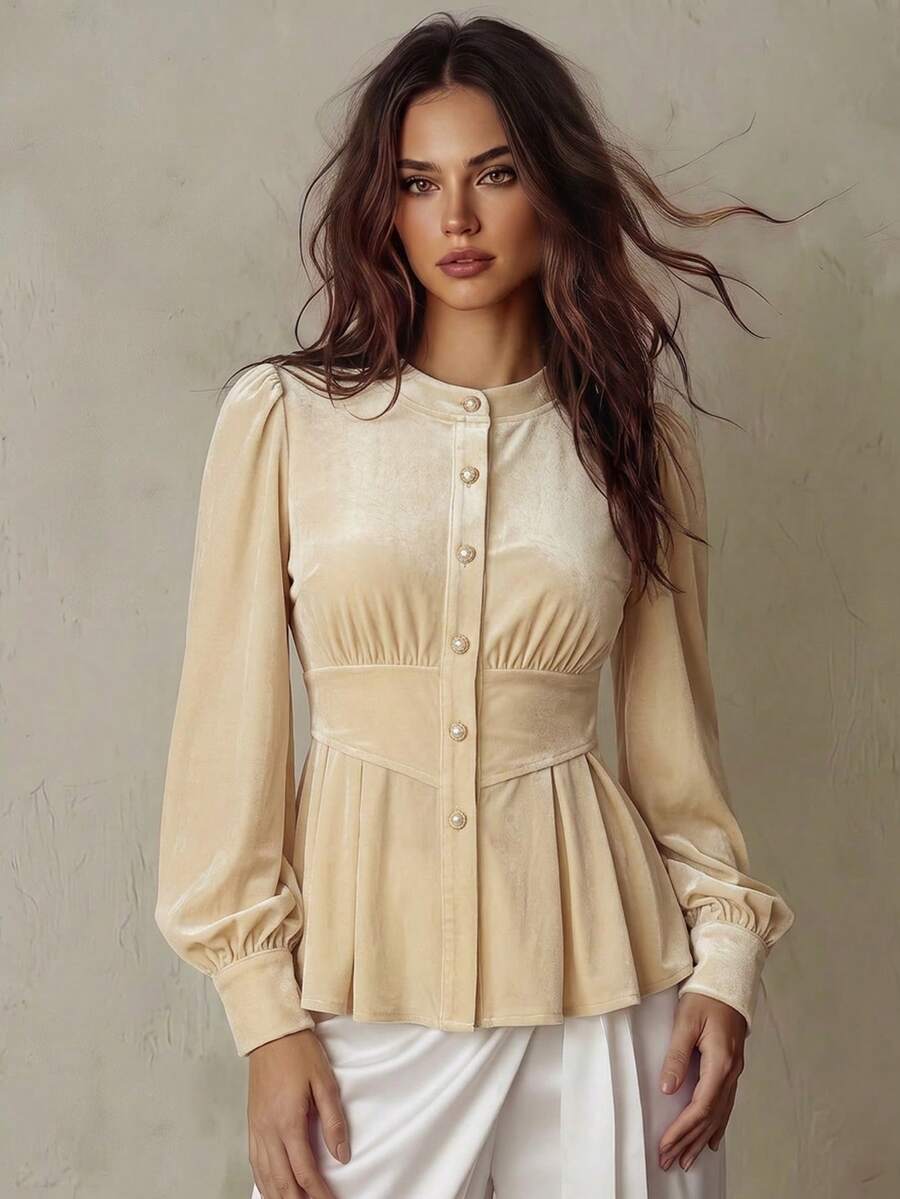 SHEIN Franclia Women's Elegant Delicate Gentle Puff Sleeve Splicing Faux Waist Decor A-Line Velvet Long Sleeve Blouse, Autumn/Winter - Apricot - View 1