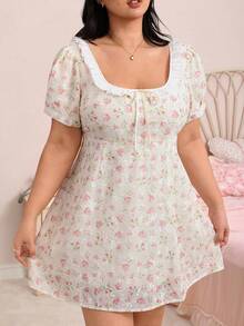 CovetEZ Plus Size Women's Floral Ruffle Front Tie Elegant Kawaii 1950s Vintage Traditional Cute Fairycore Dress Birthday Wedding Guest Dates Summer Beige - Multicolor - View 7