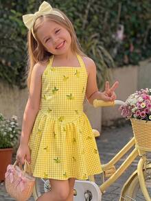 Emery Rose Kids 少女條紋檸檬印花掛脖度假洋裝 - 彩色 - 查看 3