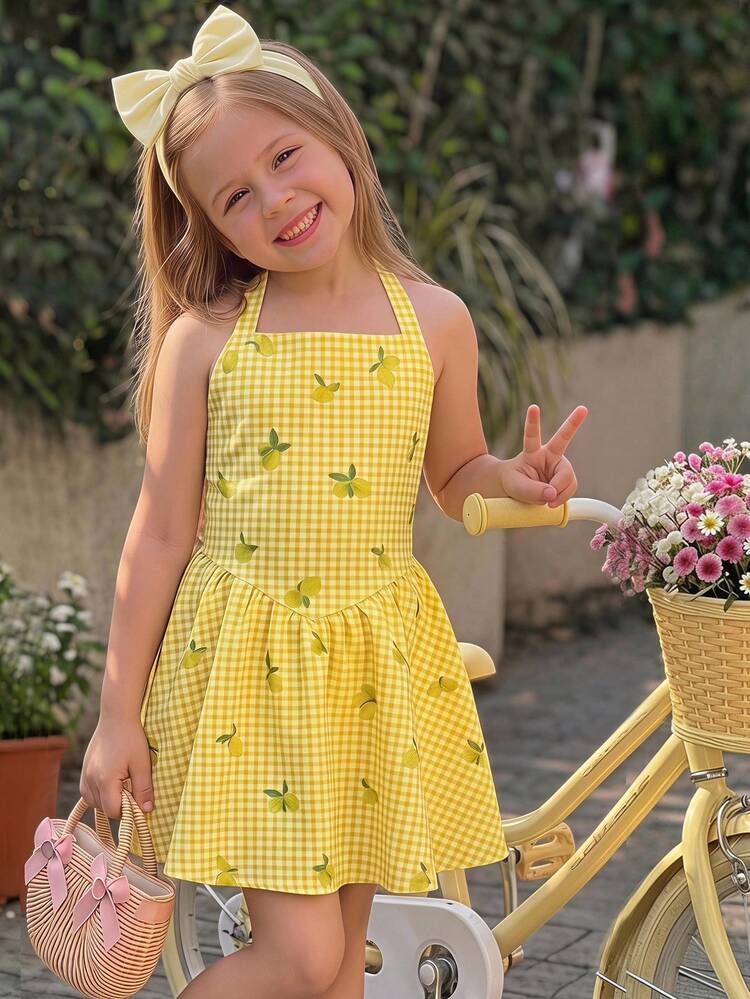 Emery Rose Kids Gaun Liburan Model Halter Neck Motif Lemon Garis-garis untuk Anak Perempuan - MultiWarna - View 3