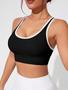 Solea Cove Solea Cove 女款拼色交叉背運動內衣/無縫/鈕扣式/肩帶 - 黑色 - 查看 4