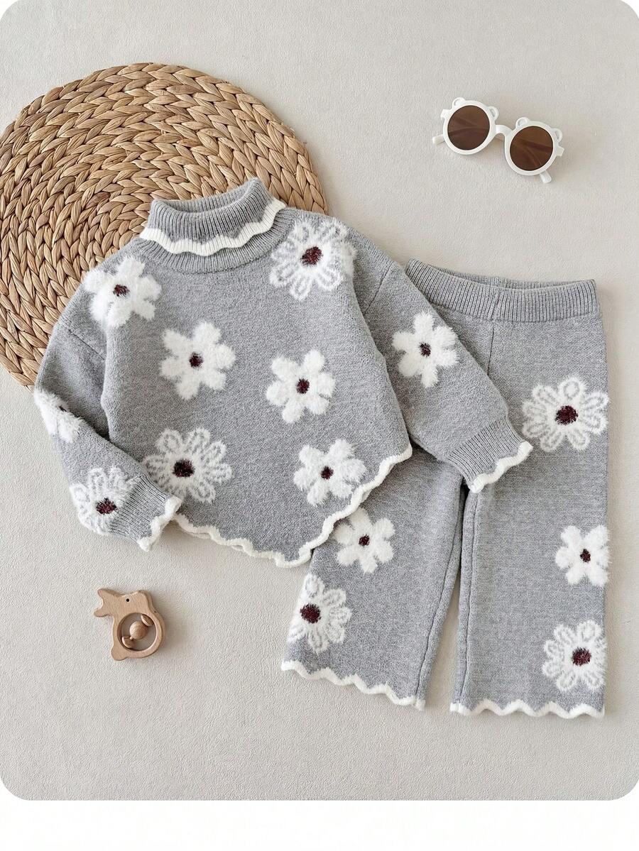 Baby Girl Floral Pattern High Neck Long Sleeve Sweater And Knitted Autumn Winter Pants Set - Grey - View 1