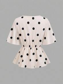 Selianne Summer French Vintage Apricot Large Polka Dot Round Neck Flare Short Sleeve Blouse, Cinched Waist Pleated Ruffle Hem Slimming Tummy-Covering Short Versatile Shirt Top - Apricot - View 2