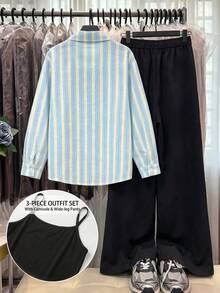 SHEIN 3件套黃色長袖條紋數位印花襯衫、黑色長褲、背心，適合春夏外出穿著 - 藍色 - 查看 2
