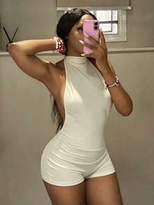 StreetHx Jumpsuit Pendek Tanpa Lengan dan Tanpa Punggung untuk Wanita, Pakaian Streetwear Musim Panas - Aprikot - View 5