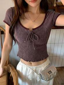 DAZY Kaos Wanita Lengan Pendek Slim Fit Serbaguna Kasual dengan Desain Colorblock - Coffee Brown - View 4